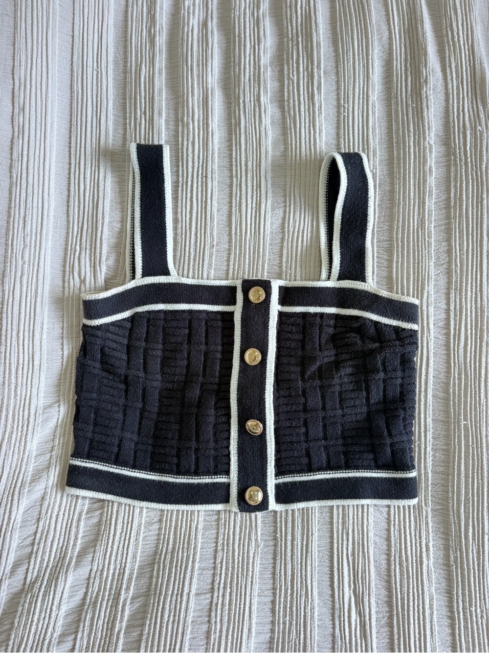 Black Knit Button-Front Crop Top with White Trim
